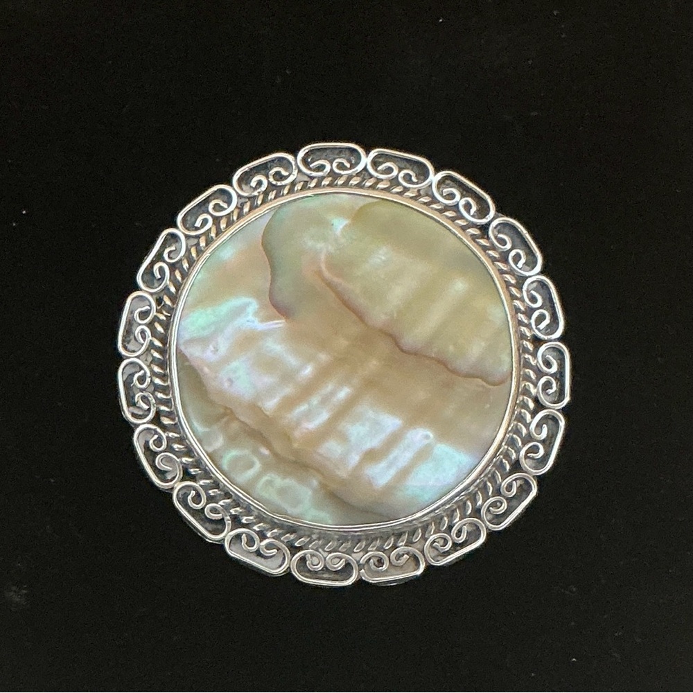Artist Signed Sterling Silver Filigree and Abalone Shell Brooch